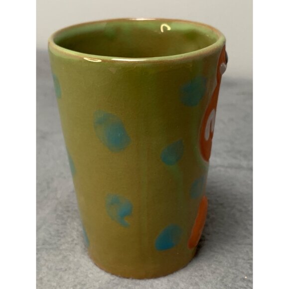 Handmade 1980s Frog Face Ceramic Mug with Blue Polka Dots & Green/Orange Glaze - Picture 4 of 9